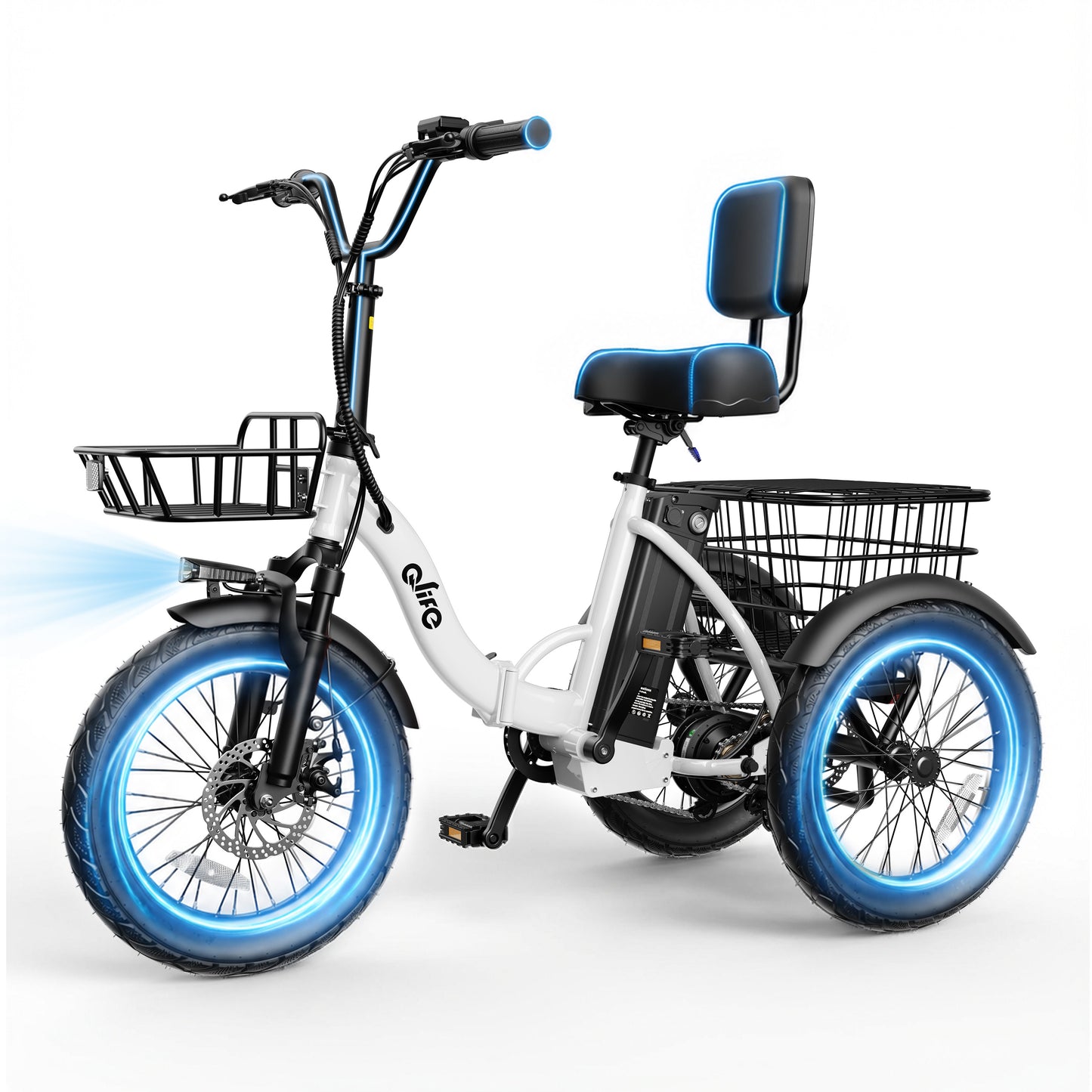 Hopepeak EB58Plus 3 Wheel Electric Tricycle for Adults, 18" x 3.0" Folding Electric Bike with 18MPH Max Speed, Peak 1200W Motor 48V 10.4Ah Battery, 3-Level Pedal Assist Etrike with Mirror and Phone Bag, White