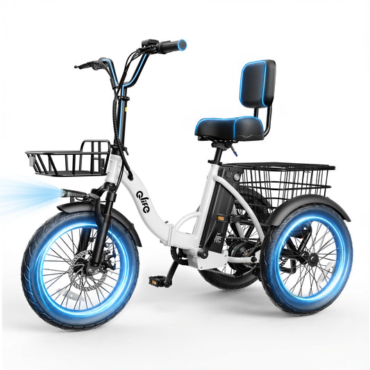 Hopepeak EB58Plus 3 Wheel Electric Tricycle for Adults, 18" x 3.0" Folding Electric Bike with 18MPH Max Speed, Peak 1200W Motor 48V 10.4Ah Battery, 3-Level Pedal Assist Etrike with Mirror and Phone Bag, White