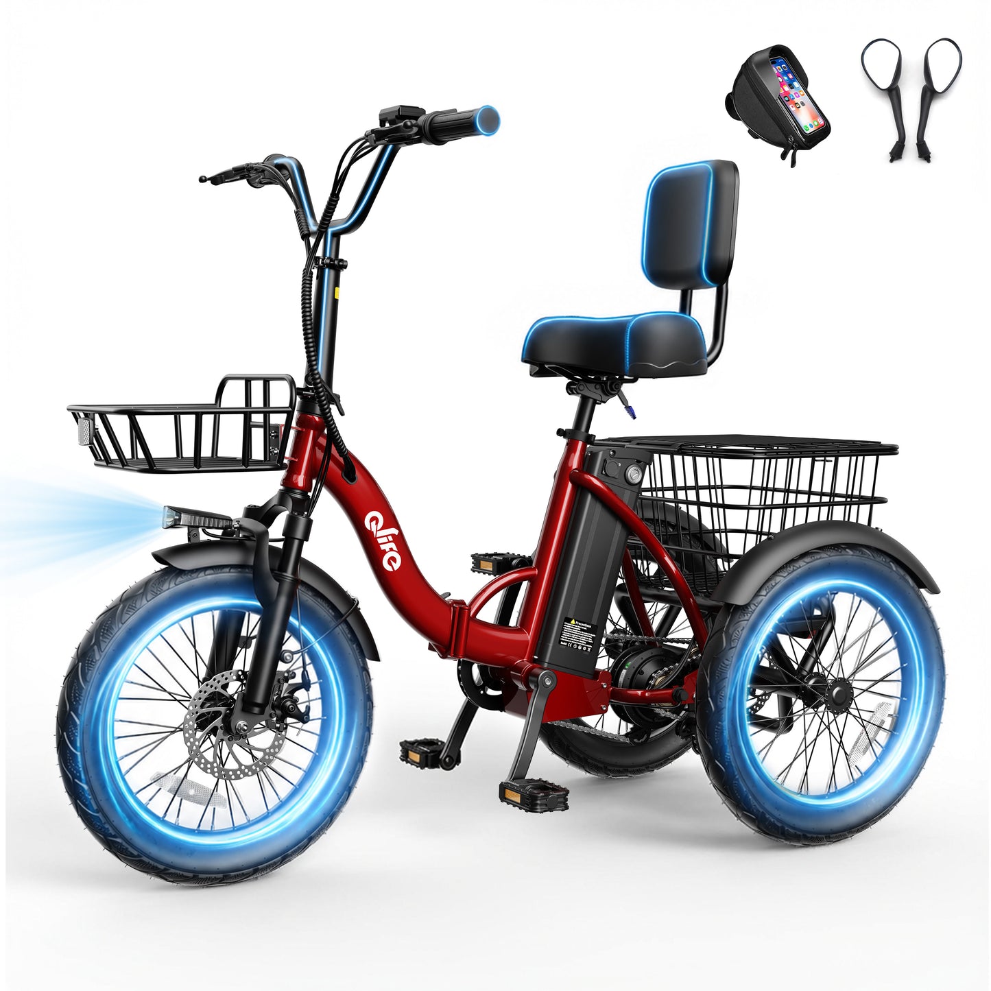 Hopepeak EB58Plus 3 Wheel Electric Tricycle for Adults, 18" x 3.0" Folding Electric Bike with 18MPH Max Speed, Peak 1200W Motor 48V 10.4Ah Battery, 3-Level Pedal Assist Etrike with Mirror and Phone Bag, White