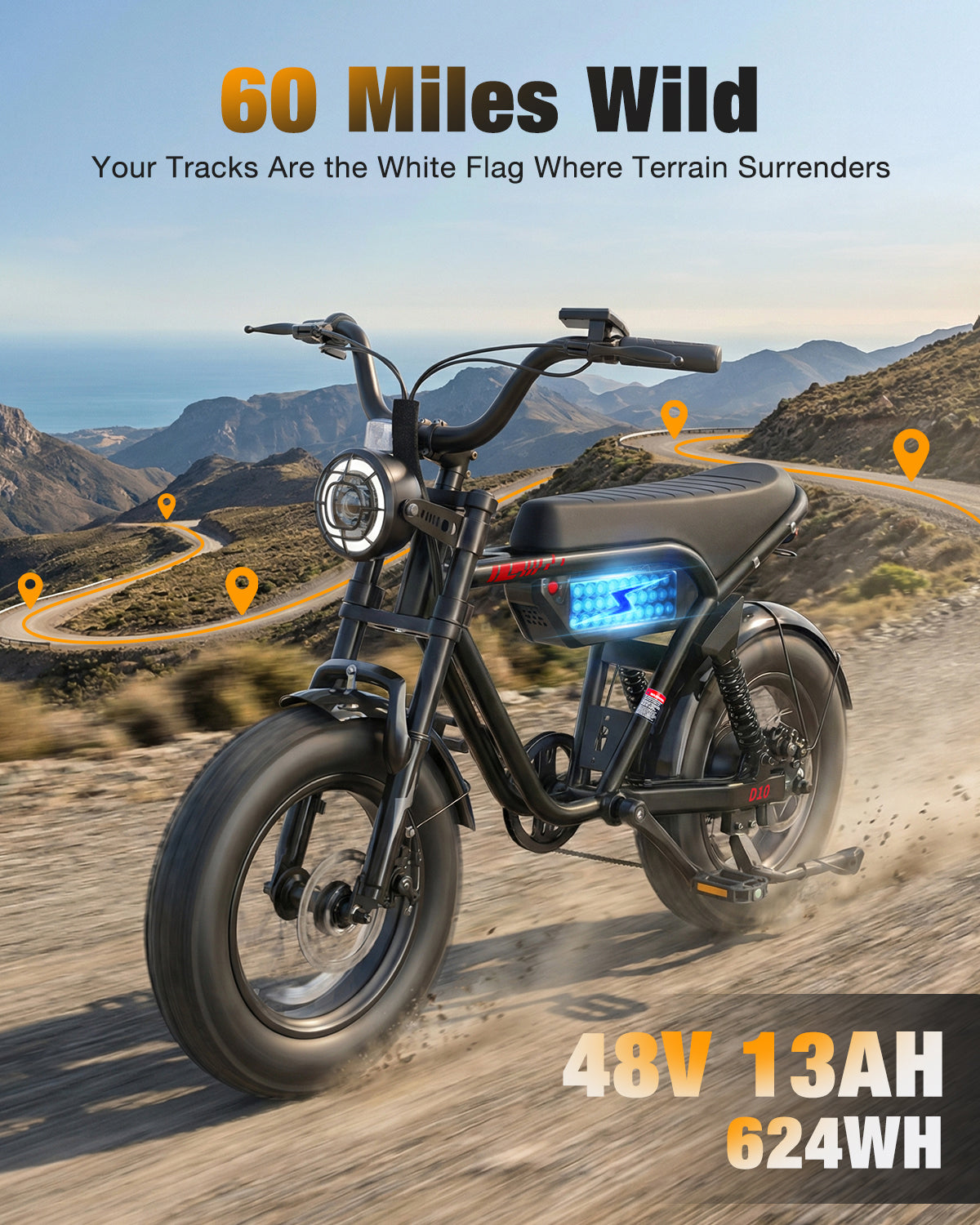 HP56 Hopepeak D10 Electric Bike for Teens Adults, 500W Motor up to 28mph, 48V 13Ah Battery 16"×4.0" Fat Tire E Bike, Disc Brakes, Full Suspension, Mountain Ebike