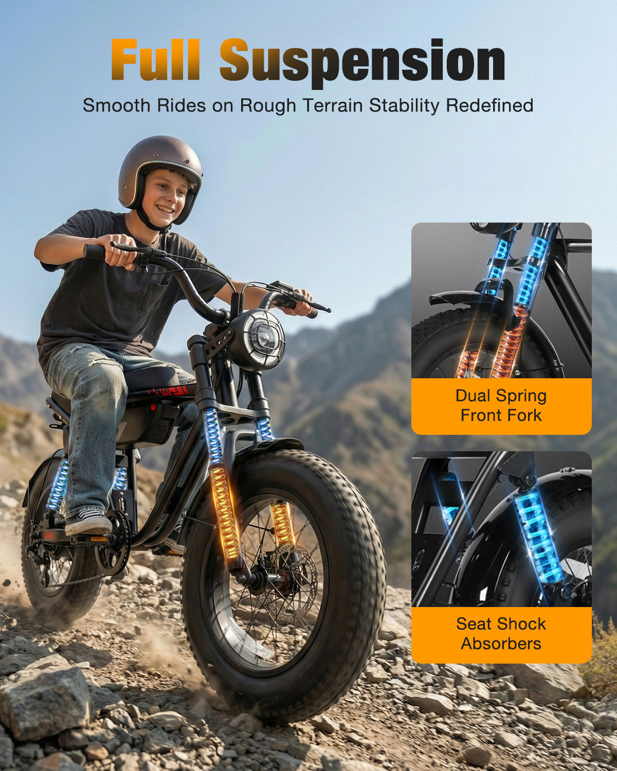 HP56 Hopepeak D10 Electric Bike for Teens Adults, 500W Motor up to 28mph, 48V 13Ah Battery 16"×4.0" Fat Tire E Bike, Disc Brakes, Full Suspension, Mountain Ebike
