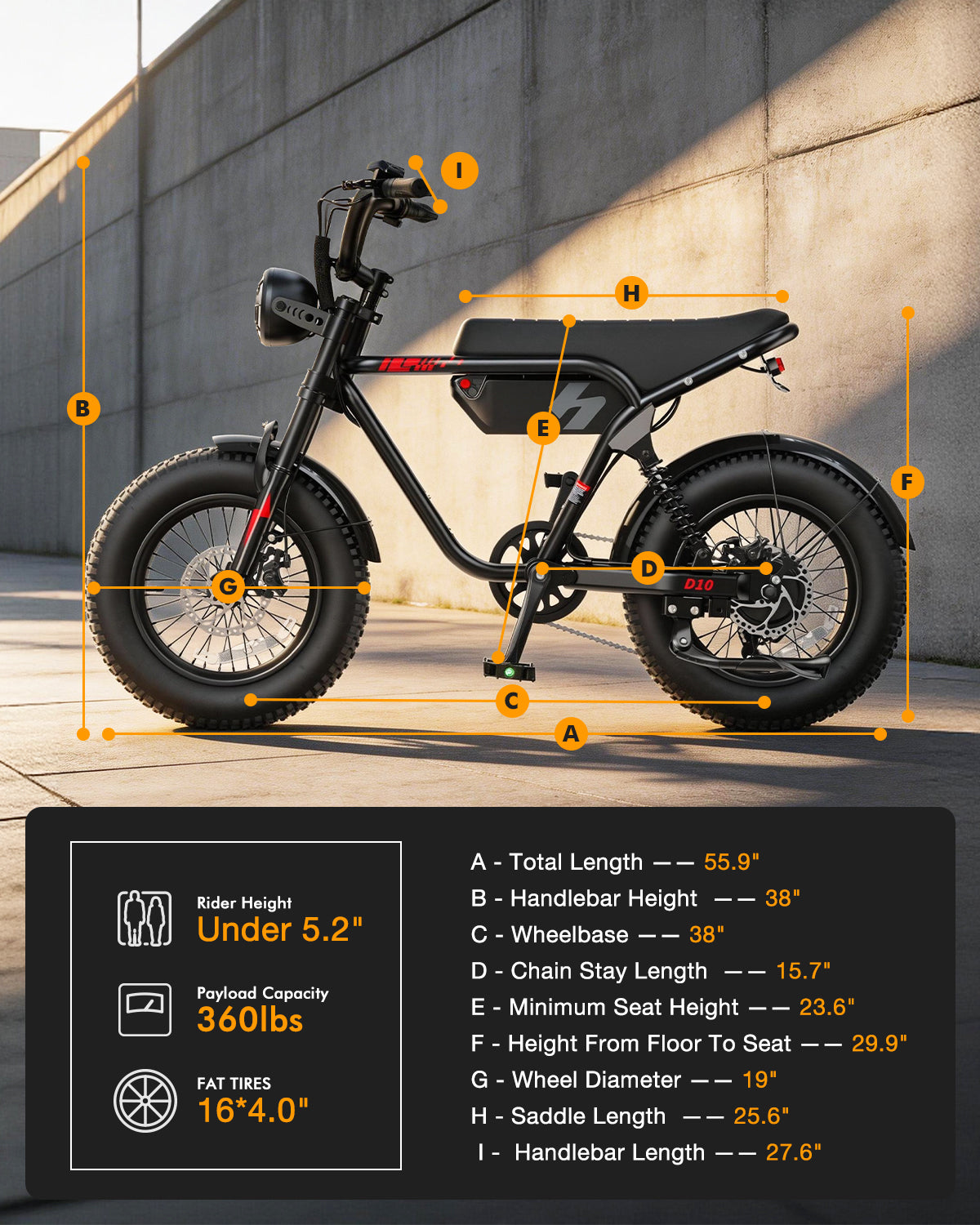 HP56 Hopepeak D10 Electric Bike for Teens Adults, 500W Motor up to 28mph, 48V 13Ah Battery 16"×4.0" Fat Tire E Bike, Disc Brakes, Full Suspension, Mountain Ebike