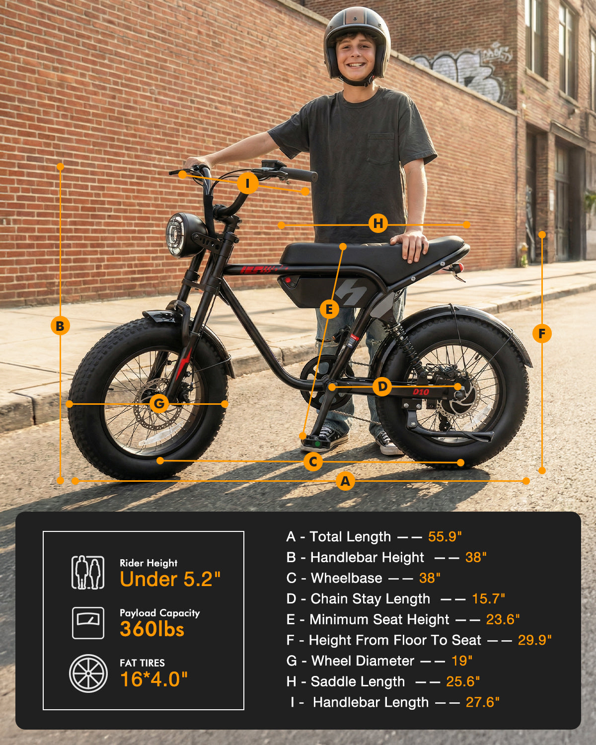 HP56 Hopepeak D10 Electric Bike for Teens Adults, 500W Motor up to 28mph, 48V 13Ah Battery 16"×4.0" Fat Tire E Bike, Disc Brakes, Full Suspension, Mountain Ebike