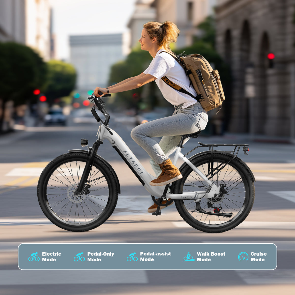 AA AT4926 Actbest 26" Electric Bike for Woman, Peak 1200W, 500Wh Removable Battery, 3 Riding Modes, 48V 10.4Ah, Front Suspension, 7-Speed, Cruise Ebike for Adults, Electric Bicycles