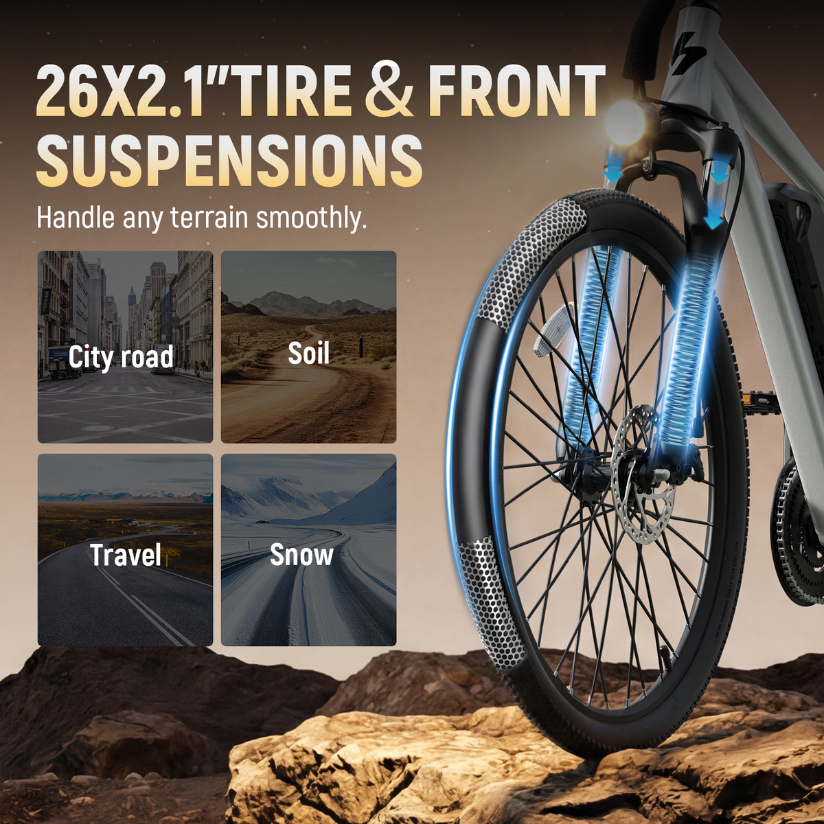 EB20-26P Qlife 26" Adult Electric Mountain Bike, 48V 7.8Ah Removable Battery, Max 28MPH, 7‑Speed, Lock‑Out Suspension, 350W Hub‑Motor Mechanical Disc‑Brake eBike for men&women