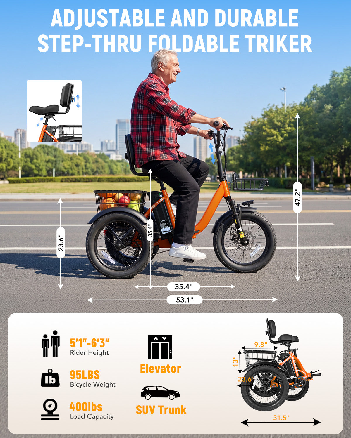 HP57 Hopepeak T10 Plus Electric Tricycle for Adults, Folding 3 Wheels Electric Bike with 350W Hub Motor, 18MPH Max Speed 48V 10.4Ah Removable Battery Foldable Etrike