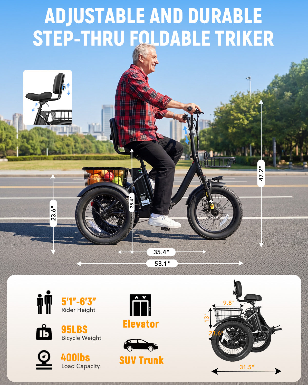 AA HP57 ActBest Folding 3‑Wheel Electric Tricycle for Adults/Seniors, 18"x3.0" Fat Tire E‑Trike, 750W(Peak1200W),48V 10.4Ah Battery, Ideal for Grocery Shopping, Walking Dogs, Carrying Cargo